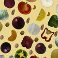 Healthy food clean eating selection: fruit, vegetable, papaya, superfood, leaf vegetable on yellow background