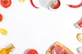 Healthy food clean eating selection: fruit, vegetable, seeds, fish, meat, leaf vegetable on white background. Top view