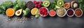 Healthy food clean eating selection: fruit, vegetable, seeds, superfood, cereal, leaf vegetable on gray concrete background