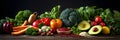 Healthy food clean eating selection: fruit, vegetable, seeds, superfood, cereal, leaf vegetable on gray concrete background