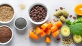 Healthy food clean eating selection: fruit, vegetable, seeds, superfood, cereal, leaf vegetable on gray concrete background, AI