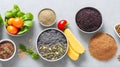 Healthy food clean eating selection: fruit, vegetable, seeds, superfood, cereal, leaf vegetable on gray concrete background, AI