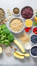 Healthy food clean eating selection: fruit, vegetable, seeds, superfood, cereal, leaf vegetable on gray concrete background, AI