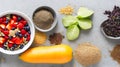 Healthy food clean eating selection: fruit, vegetable, seeds, superfood, cereal, leaf vegetable on gray concrete background, AI