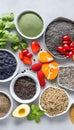 Healthy food clean eating selection: fruit, vegetable, seeds, superfood, cereal, leaf vegetable on gray concrete background, AI