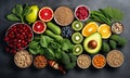 Healthy food clean eating selection: fruit, vegetable, seeds, superfood, cereal, leaf vegetable on gray concrete background.