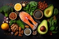 Healthy food clean eating selection. Salmon, avocado, spinach, nuts, seeds, superfoods on black background. Top view, Selection of Royalty Free Stock Photo