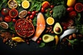 Healthy food clean eating selection: salmon, tomatoes, avocado, spinach, seeds, seeds, nuts on black background, Healthy food Royalty Free Stock Photo