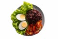 Healthy food, clean foods that contain brown rice, rice, tomatoes, boiled eggs, and green leafy lettuce. in a dish on a top view Royalty Free Stock Photo