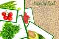 Healthy food collage with space for text Royalty Free Stock Photo