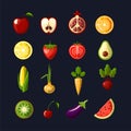 Healthy food colored flat icon set. Fruits and vegetables in one set, colored flat fresh healthy food icons, vector Royalty Free Stock Photo