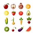 Healthy food colored flat icon set. Fruits and vegetables in one set, colored flat fresh healthy food icons, vector Royalty Free Stock Photo