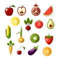 Healthy food colored flat icon set. Fruits and vegetables in one set, colored flat fresh healthy food icons, vector Royalty Free Stock Photo