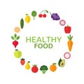 Healthy food concept. Diet and organic food template with flat fruits, vegetables and copyspace. Fresh vegetables and