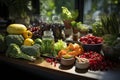 Healthy food concept embodied by fresh vegetables and fruits on an office desk