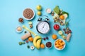 Healthy food concept. Fresh fruits and vegetables, alarm clock and measuring tape on blue background. generative AI