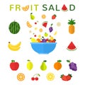 Healthy food concept. Fruit salad in blue bowl isolated on white background. Fruit bowl. Cooking ingredients. Vegan menu