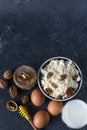 Healthy food concept, homemade cottage cheese, a glass of milk, yogurt and chicken eggs on a stone background, dairy products on d Royalty Free Stock Photo