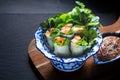 Healthy food concept Homemade vegan Tofu summer rolls or spring roll with peanut dipping sauce on black background with copt space Royalty Free Stock Photo