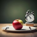 Healthy food concept, intermittent fasting. Red apple on a plate with alarm clock. Generative AI