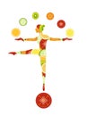 Healthy food concept, slim girl silhouette created from vegetable and fruits balancing and juggles with fruits and