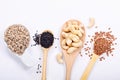 Healthy food concept top view sunflower seeds, cashew nuts, black sesame and flax seeds Royalty Free Stock Photo