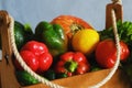 Healthy food concept. Various fresh vegetables in wooden box. Organic vegetarian food.