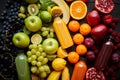 Healthy food concept. Various mixed fruits, vegetables and juices formed in rainbow