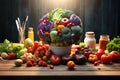 Healthy food concept. Vegetables and fruits on wooden table, Explosion in the sea at sunset. Collage. 3D rendering, Huge nuclear