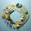 Healthy food concept. Vegetables, herbs, nuts and spices on blue background