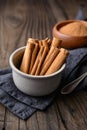 Healthy food condiment with medicinal properties, true Ceylon Cinnamon sticks and powder in a bowl