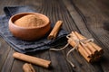 Healthy food condiment with medicinal properties, true Ceylon Cinnamon sticks and powder in a bowl Royalty Free Stock Photo