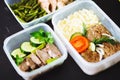 The healthy food in the containers on black background: snack, dinner, lunch. Baked fish, beans, beef cutlets, mashed potatoes, me Royalty Free Stock Photo