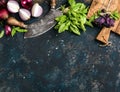 Healthy food cooking background over grunge dark blue plywood texture Royalty Free Stock Photo