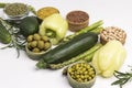 Healthy food for diet and lifestyle: green vegetables, quinoa bulgur, chickpeas, flax almond. Alkaline foods set Royalty Free Stock Photo