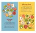 Healthy food and diet nutrition vector posters vegetables, fruits and cereals protein