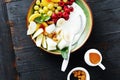 Healthy food diet top view fruit breakfast natural yoghurt bowl