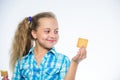 Healthy food and dieting. little girl with cookie. little chef tasting cookie. happy childhood. Dessert and pastry Royalty Free Stock Photo