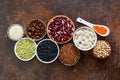 Healthy food, dieting, nutrition concept, vegan protein source. Assortment of colorful raw legumes Royalty Free Stock Photo