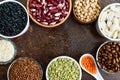 Healthy food, dieting, nutrition concept, vegan protein source. Assortment of colorful raw legumes Royalty Free Stock Photo