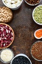 Healthy food, dieting, nutrition concept, vegan protein source. Assortment of colorful raw legumes Royalty Free Stock Photo