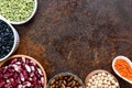 Healthy food, dieting, nutrition concept, vegan protein source. Assortment of colorful raw legumes Royalty Free Stock Photo