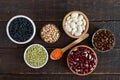 Healthy food, dieting, nutrition concept, vegan protein source. Assortment of colorful raw legumes Royalty Free Stock Photo