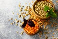 Healthy food, dieting, nutrition concept, vegan protein source. Raw of legumes red lentils and canadian lentils. Royalty Free Stock Photo