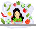 Healthy food eating concept, fresh organic vegetables, smiling slim your brunette sitting, healthy choice