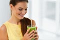 Healthy Food, Eating. Woman Drinking Detox Juice. Lifestyle, Die Royalty Free Stock Photo