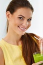 Healthy Food, Eating. Woman Drinking Detox Juice. Lifestyle, Die Royalty Free Stock Photo