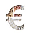 Healthy food font. Euro money business symbol cut from white paper on the background of healthy food from different cereals. Set
