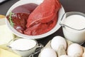 Healthy food, foods rich in vitamin D, omega 3 and protein, chicken eggs, raw beef, cow's liver, dairy products sour Royalty Free Stock Photo