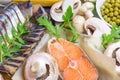 Healthy food, foods rich in vitamin D, omega 3 and protein, salmon fish, smoked mackerel, fresh champignons, green peas